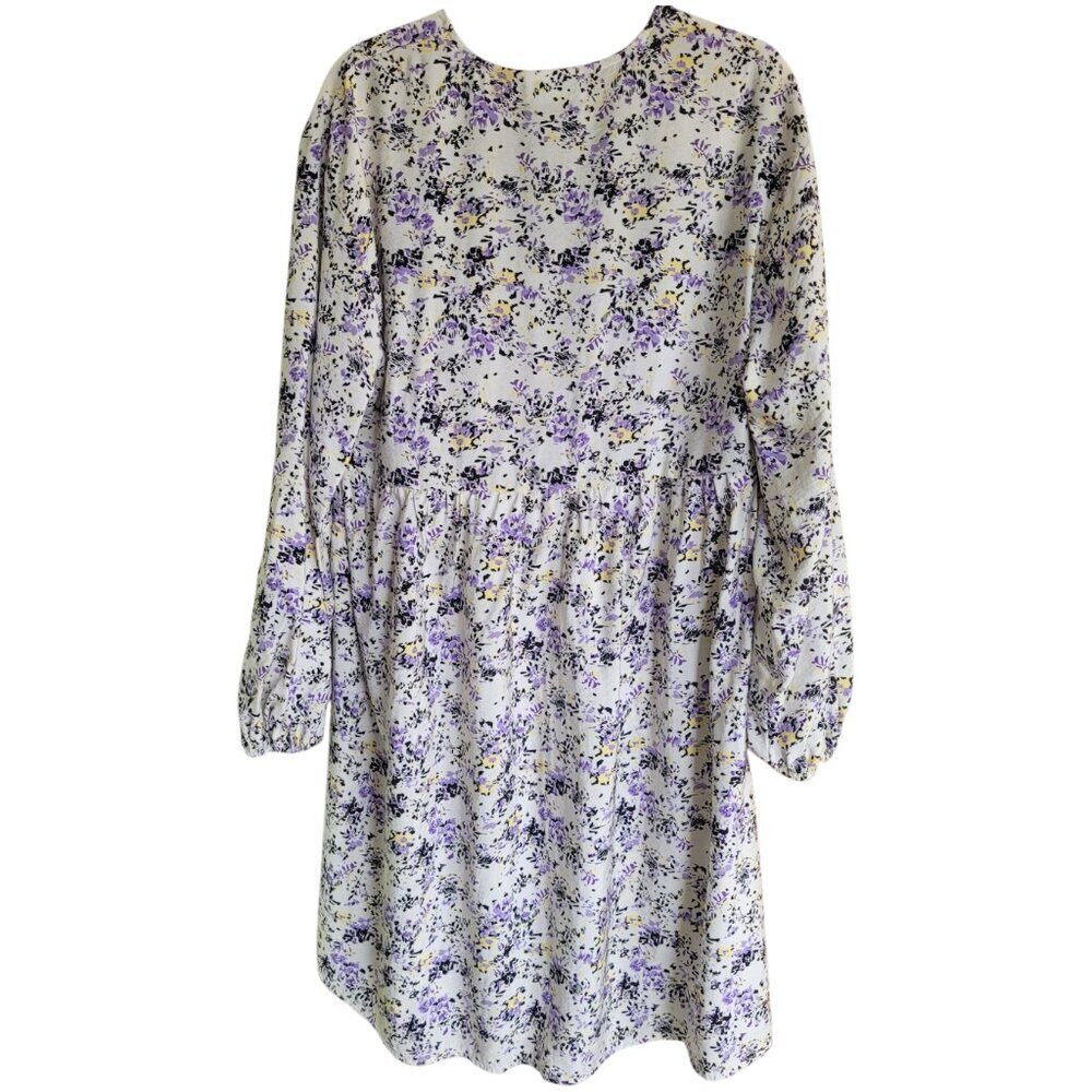 Minimum Floral Long Sleeve Mini Dress Cream Purple V Neck Relaxed Fit Viscose - Picture 5 of 12